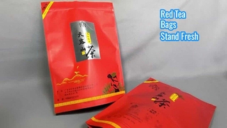 tas kunci zip berdiri sendiri berwarna merah untuk teh hitam