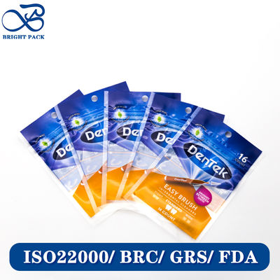 Kantong Segel Tiga Sisi Pengukur Tipis Untuk Pengemasan Benang Gigi Dengan Cetakan Merek Kustom Dan Desain Lubang Gantung.
