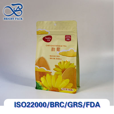 Aroma-Lock delapan sisi penyegelan kantong dasar datar untuk kemasan teh dengan penghalang oksigen dan kelembaban tahan.