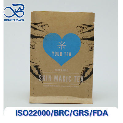 Kantong kertas kraft yang dapat didaur ulang dan dikompos delapan sisi untuk kemasan teh dengan cetak dan ukuran yang dapat disesuaikan.