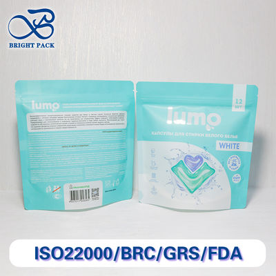 Kantong Berdiri Cetak Kustom Dengan Resleting yang Dapat Ditutup Kembali Dan Perlindungan Penghalang Kelembaban Untuk Pengemasan Pods Laundry.